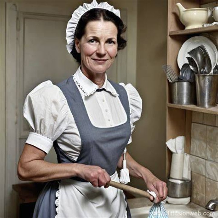 Middle Aged Female Professional Maid Making Bed in Hotel Room Stock