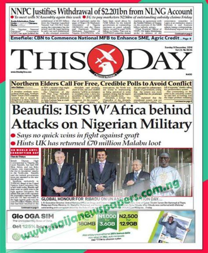 Nigerian Newspapers Front Page Headlines, Thursday 20th December 2018